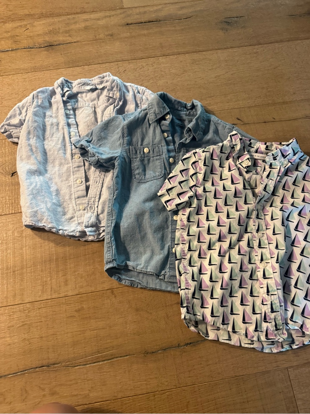3 Short Sleeve Button-Up Shirts - Light Blue Linen Stripe  / Chambray / Sailboat